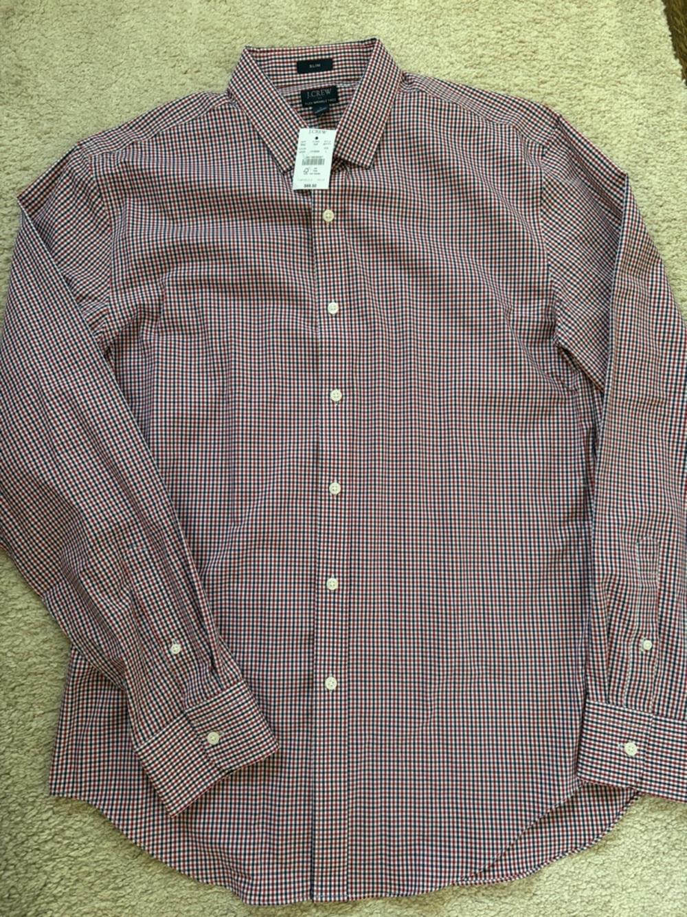 J. Crew Men's Red and Navy Mini Gingham Dress Shirt